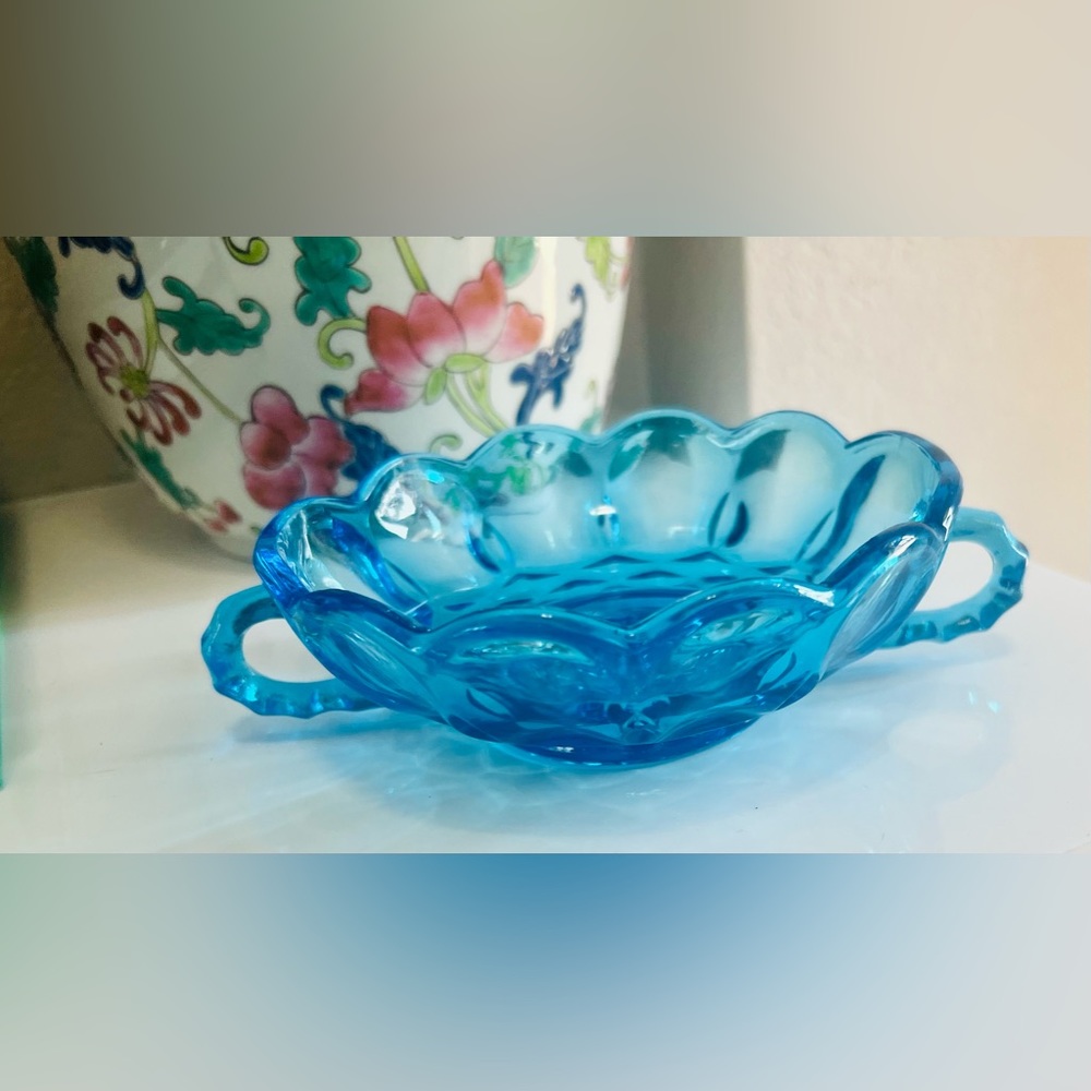 Vintage Anchor Hocking turquoise glass candy bowl, but dish, trinket dish.